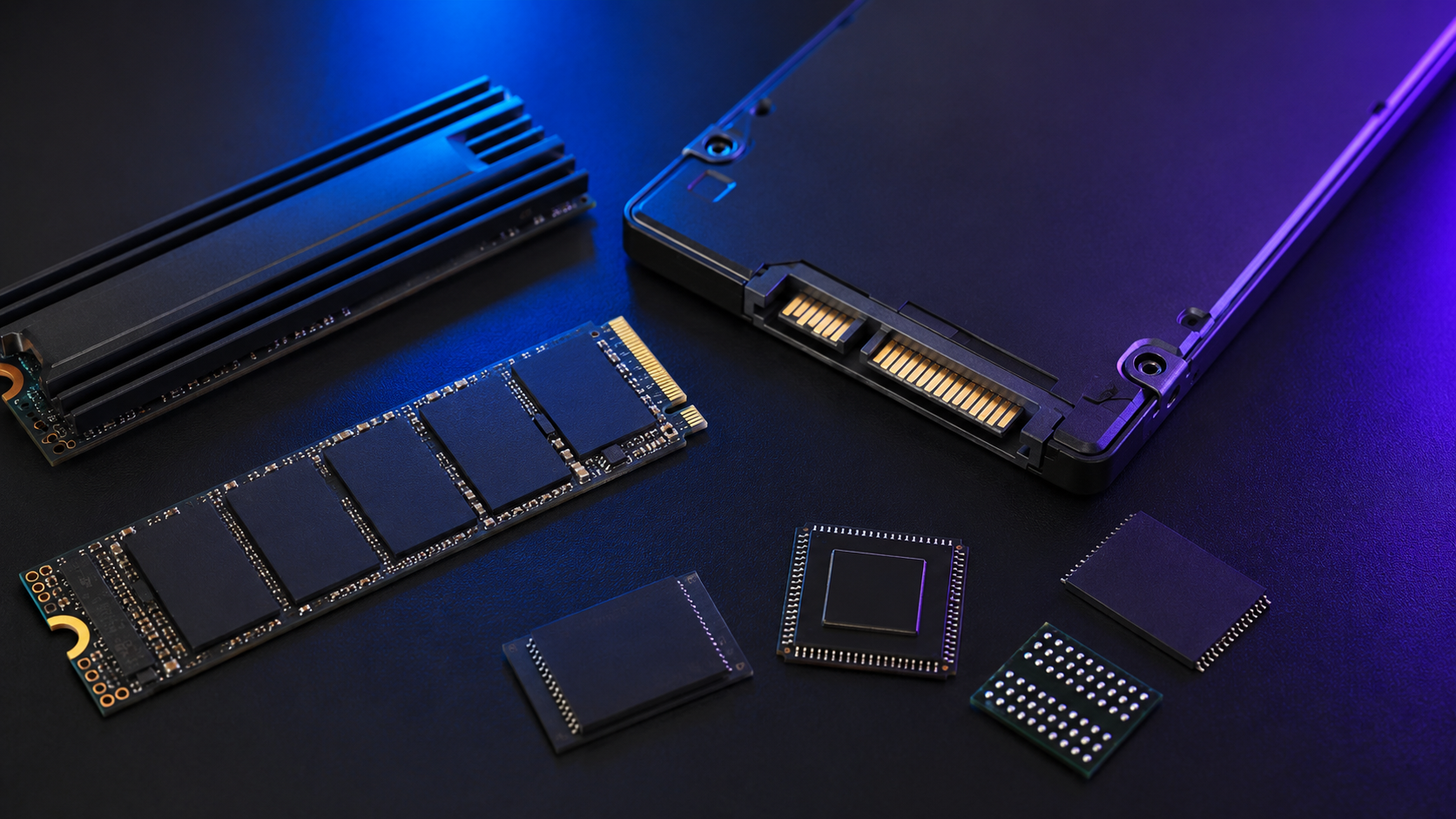 SSD and semiconductor components on a dark surface